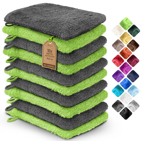 NatureMark 10x Waschhandschuhe aus Frottee 100% Baumwolle – Weich und Robust, Ideal für die tägliche Pflege und Gäste – Anthrazit/Apfelgrün 15x21 cm