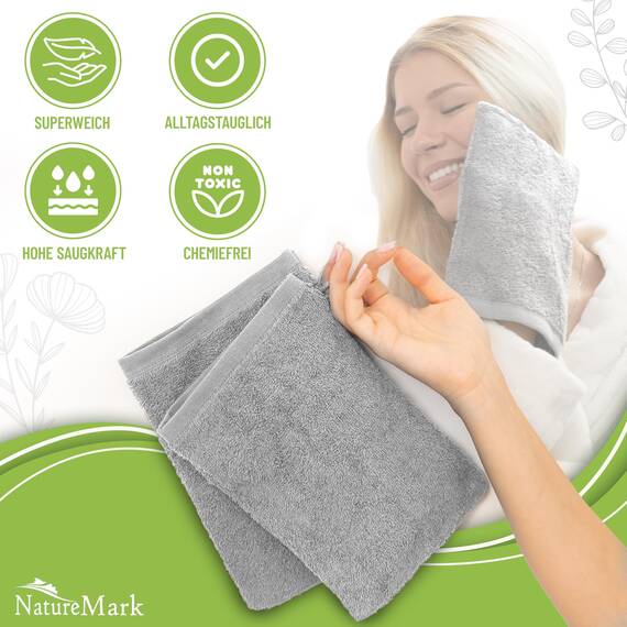 NatureMark 10x Waschhandschuhe aus Frottee 100% Baumwolle – Weich und Robust, Ideal für die tägliche Pflege und Gäste – Silber Grau, 15x21 cm
