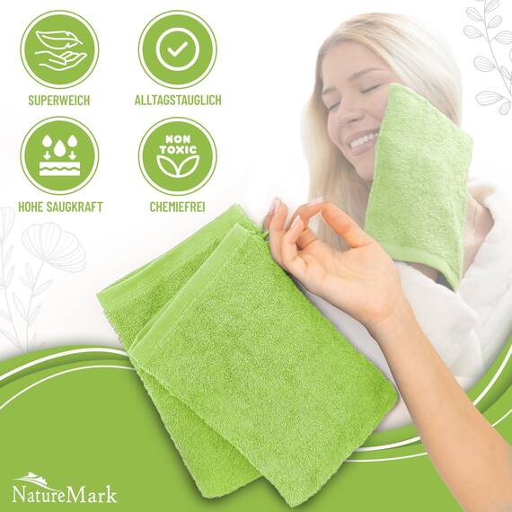 NatureMark 10x Waschhandschuhe aus Frottee 100% Baumwolle – Weich und Robust, Ideal für die tägliche Pflege und Gäste – Apfel Grün, 15x21 cm