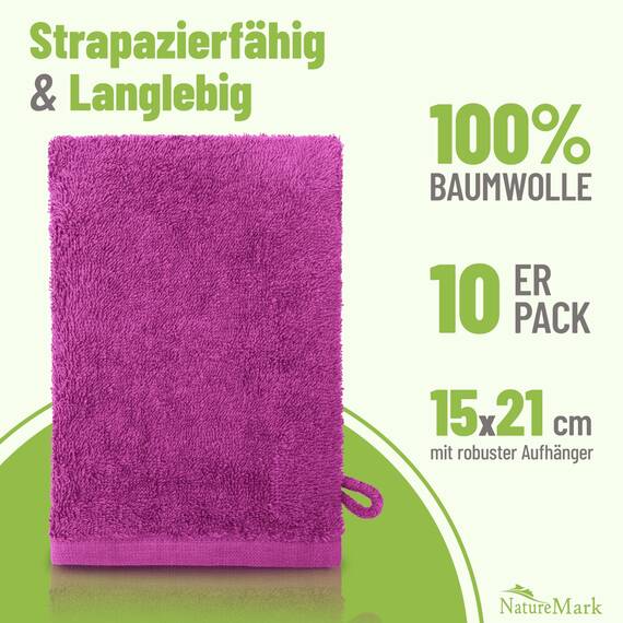 NatureMark 10x Waschhandschuhe aus Frottee 100% Baumwolle – Weich und Robust, Ideal für die tägliche Pflege und Gäste – Pink, 15x21 cm