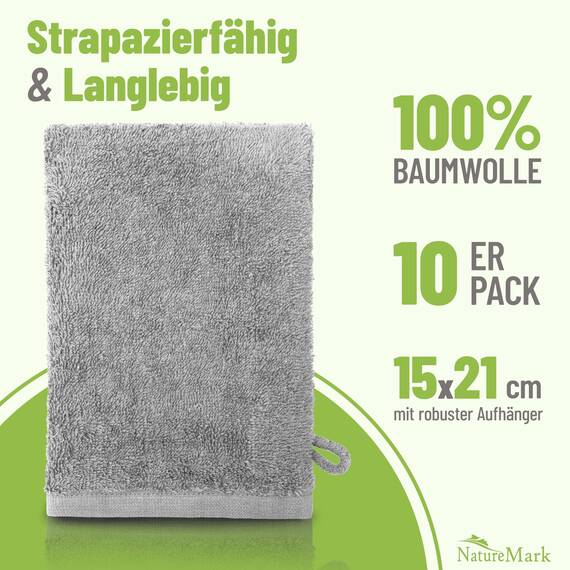 NatureMark 10x Waschhandschuhe aus Frottee 100% Baumwolle – Weich und Robust, Ideal für die tägliche Pflege und Gäste – Bordeaux/Silber, 15x21 cm