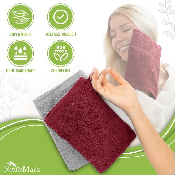 NatureMark 10x Waschhandschuhe aus Frottee 100% Baumwolle – Weich und Robust, Ideal für die tägliche Pflege und Gäste – Bordeaux/Silber, 15x21 cm