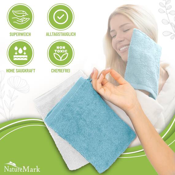 NatureMark 10x Waschhandschuhe aus Frottee 100% Baumwolle – Weich und Robust, Ideal für die tägliche Pflege und Gäste – Hellblau/Weiss, 15x21 cm