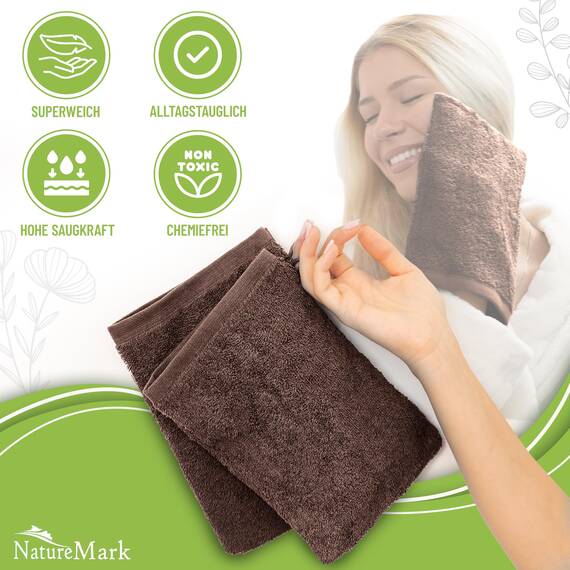 NatureMark 10x Waschhandschuhe aus Frottee 100% Baumwolle – Weich und Robust, Ideal für die tägliche Pflege und Gäste – Schoko Braun, 15x21 cm