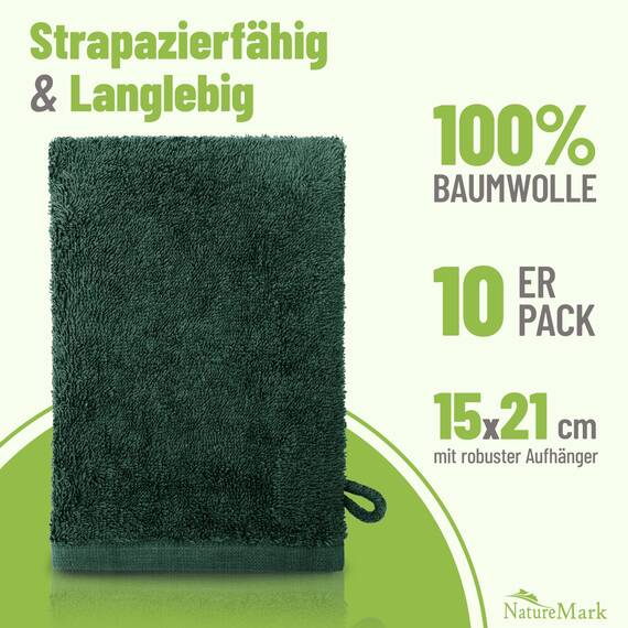 NatureMark 10x Waschhandschuhe aus Frottee 100% Baumwolle – Weich und Robust, Ideal für die tägliche Pflege und Gäste – Dunkel Grün, 15x21 cm