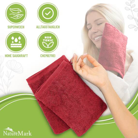 NatureMark 10x Waschhandschuhe aus Frottee 100% Baumwolle – Weich und Robust, Ideal für die tägliche Pflege und Gäste – Rot, 15x21 cm