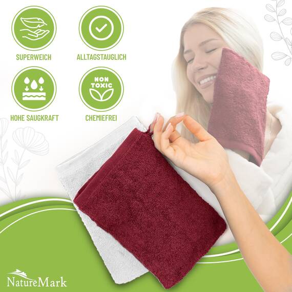 NatureMark 10x Waschhandschuhe aus Frottee 100% Baumwolle – Weich und Robust, Ideal für die tägliche Pflege und Gäste – Bordeaux/Weiss, 15x21 cm