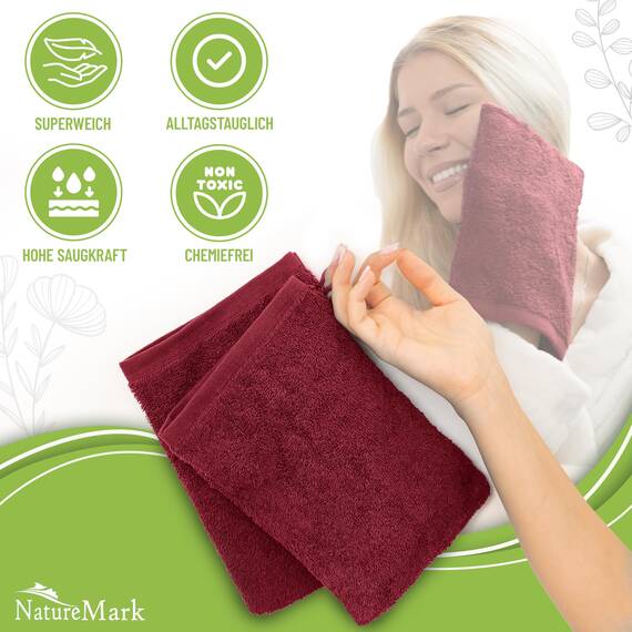 NatureMark 10x Waschhandschuhe aus Frottee 100% Baumwolle – Weich und Robust, Ideal für die tägliche Pflege und Gäste – Bordeaux Rot, 15x21 cm