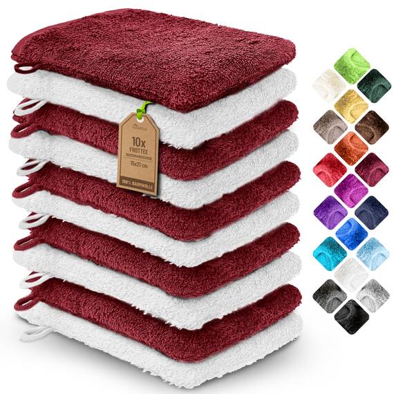 NatureMark 10x Waschhandschuhe aus Frottee 100% Baumwolle – Weich und Robust, Ideal für die tägliche Pflege und Gäste – Bordeaux/Weiss, 15x21 cm
