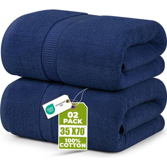 Utopia Towels - 2er Badetücher Groß aus Baumwolle mit Aufhänger, Saunatücher,Badehandtücher Groß, Handtücher 90 x 180 cm (Marineblau)