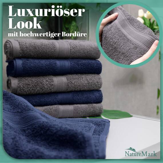 NatureMark 8 Handtücher Set - 100% Baumwolle - Saugfähige und langlebige Handtücher, Größe 50×100 cm, Navy/Anthrazit