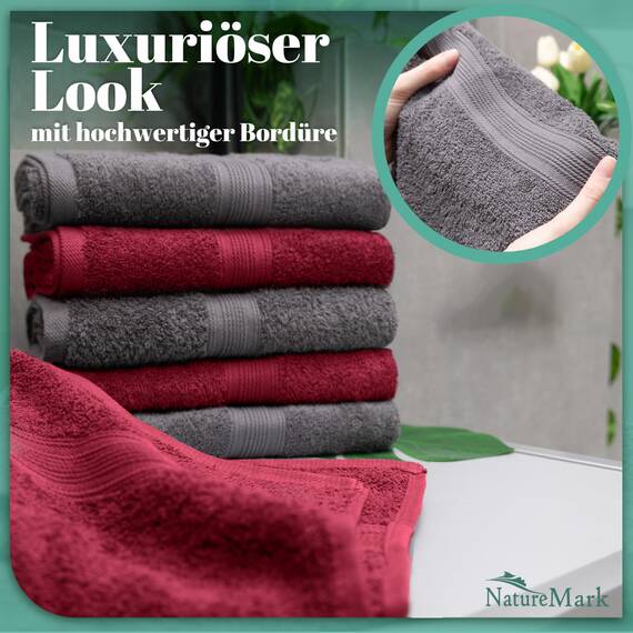 NatureMark 8er Pack Handtücher, 100% Baumwolle, 50 x 100 cm, Handtuch Set Anthrazit/Bordeaux