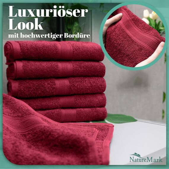 NatureMark 8 Handtücher Set - 100% Baumwolle - Saugfähige und langlebige Handtücher, Größe 50×100 cm, Bordeauxrot