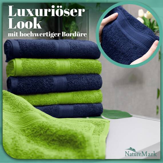 NatureMark 8 Handtücher Set - 100% Baumwolle - Saugfähige und langlebige Handtücher, Größe 50×100 cm, Apfelgrün/Navy
