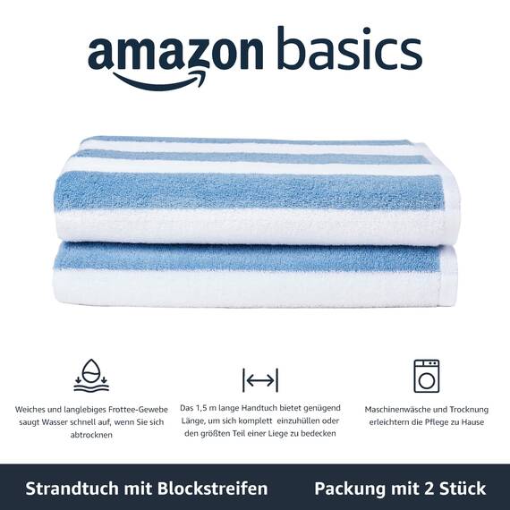 Amazon Basics Pool und Strandtuch, 100 % Baumwolle, 76 x 152 cm, 2 Stück