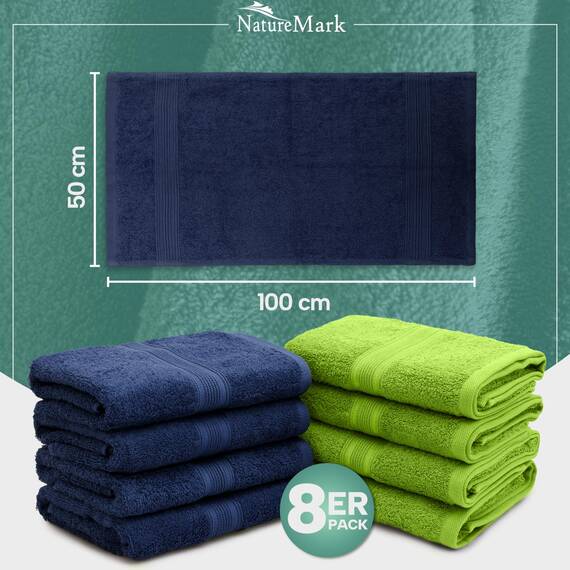 NatureMark 8 Handtücher Set - 100% Baumwolle - Saugfähige und langlebige Handtücher, Größe 50×100 cm, Apfelgrün/Navy