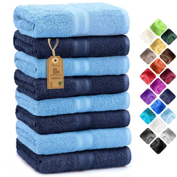 NatureMark 8 Handtücher Set - 100% Baumwolle - Saugfähige und langlebige Handtücher, Größe 50×100 cm, Hellblau/Navy