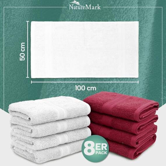 NatureMark 8 Handtücher Set - 100% Baumwolle - Saugfähige und langlebige Handtücher, Größe 50×100 cm, Weiss/Bordeaux