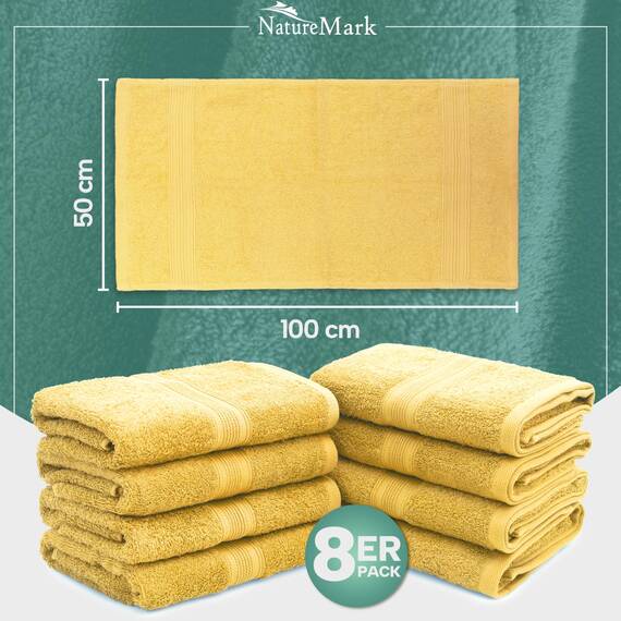NatureMark 8 Handtücher Set - 100% Baumwolle - Saugfähige und langlebige Handtücher, Größe 50×100 cm, Gelb