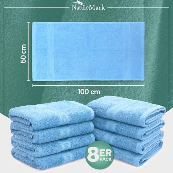 NatureMark 8 Handtücher Set - 100% Baumwolle - Saugfähige und langlebige Handtücher, Größe 50×100 cm, Hellblau
