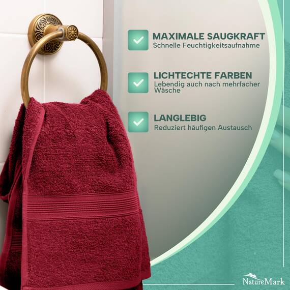 NatureMark 8 Handtücher Set - 100% Baumwolle - Saugfähige und langlebige Handtücher, Größe 50×100 cm, Bordeauxrot
