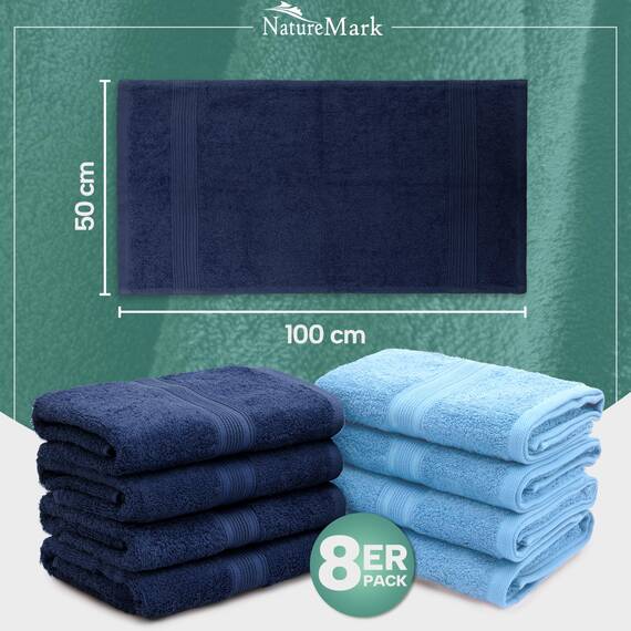 NatureMark 8 Handtücher Set - 100% Baumwolle - Saugfähige und langlebige Handtücher, Größe 50×100 cm, Hellblau/Navy