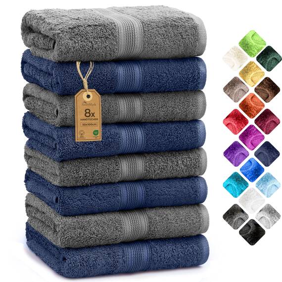 NatureMark 8 Handtücher Set - 100% Baumwolle - Saugfähige und langlebige Handtücher, Größe 50×100 cm, Navy/Anthrazit
