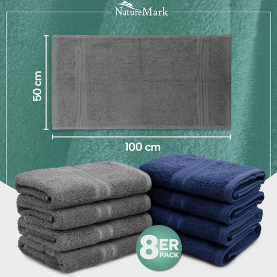 NatureMark 8 Handtücher Set - 100% Baumwolle - Saugfähige und langlebige Handtücher, Größe 50×100 cm, Navy/Anthrazit