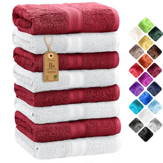 NatureMark 8 Handtücher Set - 100% Baumwolle - Saugfähige und langlebige Handtücher, Größe 50×100 cm, Weiss/Bordeaux