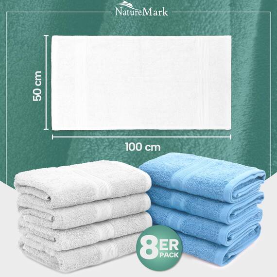 NatureMark 8 Handtücher Set - 100% Baumwolle - Saugfähige und langlebige Handtücher, Größe 50×100 cm, Weiss/Hellblau