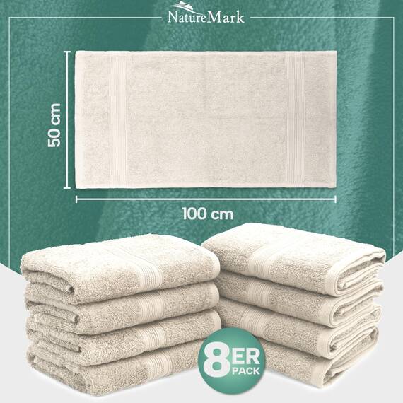 NatureMark 8 Handtücher Set - 100% Baumwolle - Saugfähige und langlebige Handtücher, Größe 50×100 cm, Natur/Creme