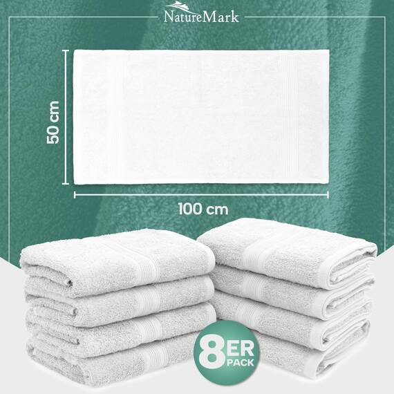 NatureMark 8 Handtücher Set - 100% Baumwolle - Saugfähige und langlebige Handtücher, Größe 50×100 cm, Weiß