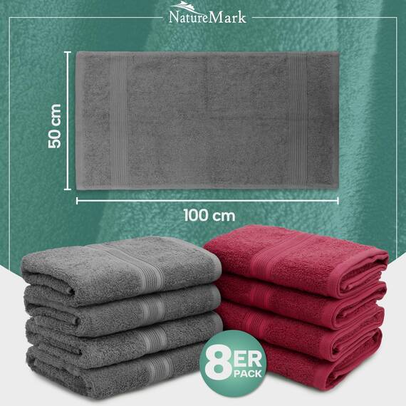 NatureMark 8er Pack Handtücher, 100% Baumwolle, 50 x 100 cm, Handtuch Set Anthrazit/Bordeaux