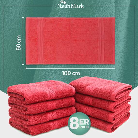 NatureMark NM-HT0864 Frottier Handtücher, 8-er Pack, 50 x 100 cm, 100% Baumwolle, Rot