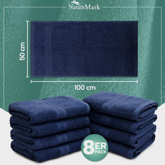 NatureMark 8er Pack Handtücher, 100% Baumwolle, 50 x 100 cm, Handtuch Set Navyblau