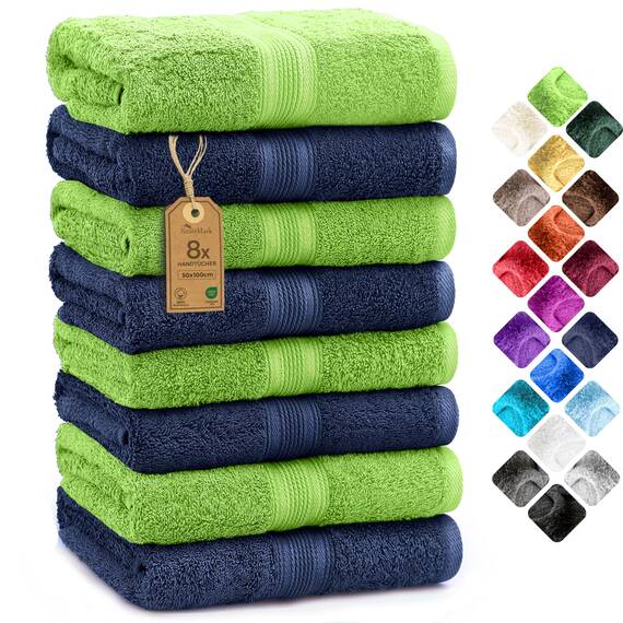 NatureMark 8 Handtücher Set - 100% Baumwolle - Saugfähige und langlebige Handtücher, Größe 50×100 cm, Apfelgrün/Navy
