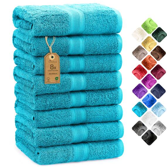 NatureMark 8 Handtücher Set - 100% Baumwolle - Saugfähige und langlebige Handtücher, Größe 50×100 cm, Türkis