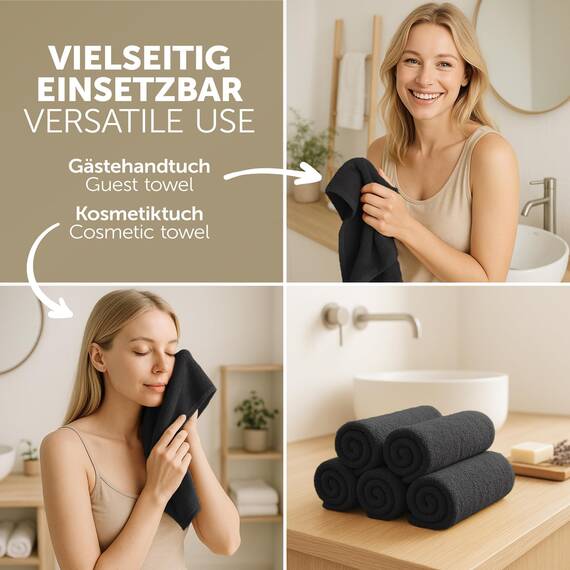 Blumtal Premium Frottier Gästehandtücher Set 12 teilig 100% Baumwolle - Oeko-TEX zertifiziertes Gästehandtuch 12x (30x30 cm) - Ultra saugstarkes Gästetücher Set waschbar °60 - Handtücher Schwarz