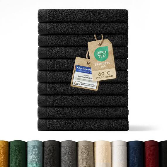 Blumtal Premium Frottier Gästehandtücher Set 12 teilig 100% Baumwolle - Oeko-TEX zertifiziertes Gästehandtuch 12x (30x30 cm) - Ultra saugstarkes Gästetücher Set waschbar °60 - Handtücher Schwarz