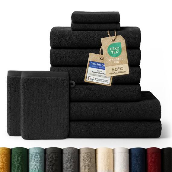 Blumtal Premium Frottier Handtücher Set 10 teilig 100% Baumwolle - Oeko-TEX zert. Badetuch 2X (70x140cm) + Handtuch 4X (50x100cm) + Gästehandtuch 2X (30x50cm) + Waschlappen 2 x (15x20cm) - Schwarz