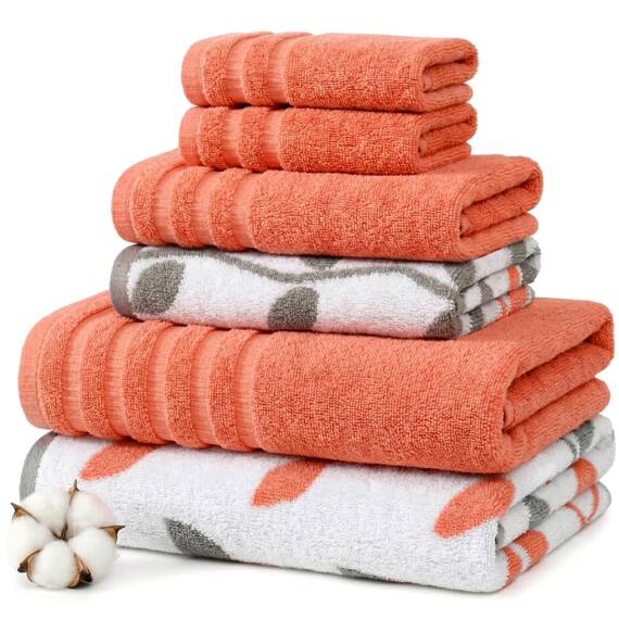 Amrapur Overseas 6-teiliges Set aus gefärbter Bio-Ranken, Jacquard/solide, ultraweich, 550 g/m², 100% gekämmte Baumwolle 2 Badetücher, 2 Handtücher, 2 Waschlappen, Korallenrot, Standard