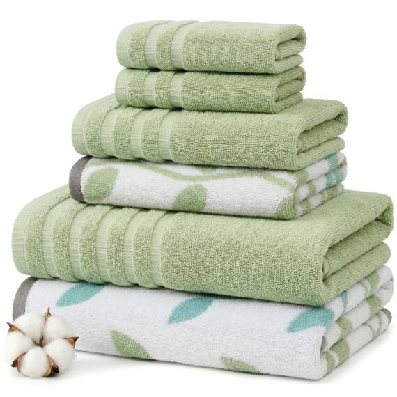 Amrapur 6-Piece Yarn Dyed Organic Vines Jacquard/Solid Ultra Soft 550GSM 100% Combed Cotton Towel Set 2 Badetücher, 2 Handtücher, 2 Waschlappen, Baumwolle, Salbei, Standard