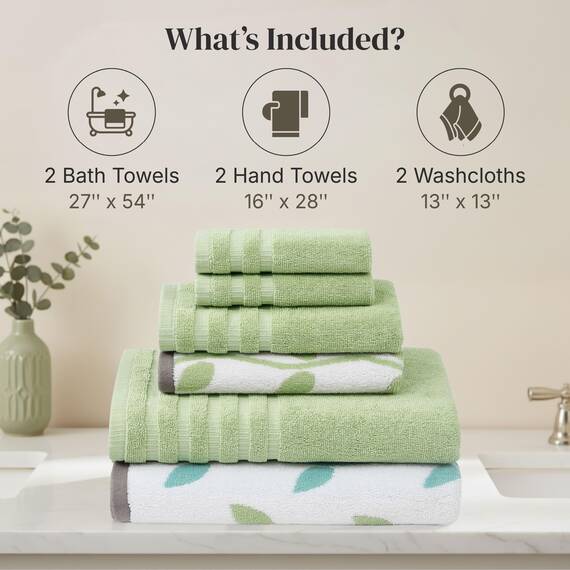 Amrapur 6-Piece Yarn Dyed Organic Vines Jacquard/Solid Ultra Soft 550GSM 100% Combed Cotton Towel Set 2 Badetücher, 2 Handtücher, 2 Waschlappen, Baumwolle, Salbei, Standard