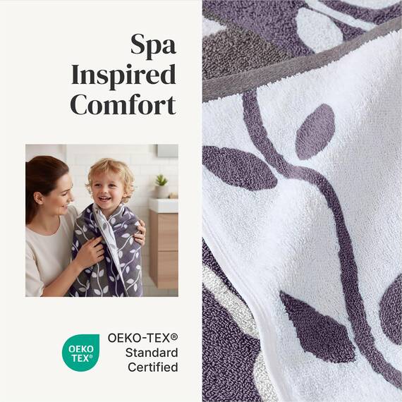 Amrapur Overseas Modern Threads Handtuch-Set, 6-teilig, gefärbt, Bio-Ranken, Jacquard/solide, ultraweich, 500 g/m², 100% gekämmte Baumwolle, Grau/Lavendel