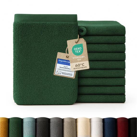 Blumtal Premium Frottier Waschlappen Set 10 teilig 100% Baumwolle - Oeko-TEX zertifizierte Waschlappen 10x (15x20 cm) - Ultra saugstarkes Frottier Seiftücher Set waschbar °60 - Seiflappen Dunkelgrün