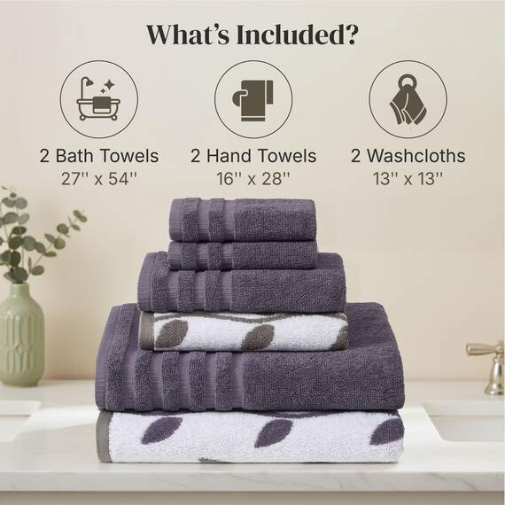 Amrapur Overseas Modern Threads Handtuch-Set, 6-teilig, gefärbt, Bio-Ranken, Jacquard/solide, ultraweich, 500 g/m², 100% gekämmte Baumwolle, Grau/Lavendel