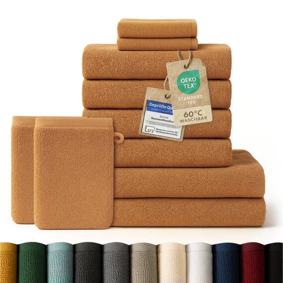 Blumtal Premium Frottier Handtücher Set 10 teilig 100% Baumwolle - Oeko-TEX zert. Badetuch 2X (70x140 cm) + Handtuch 4X (50x100 cm) + Gästehandtuch 2X (30x30 cm) + Waschlappen 2X (15x20 cm) - Braun