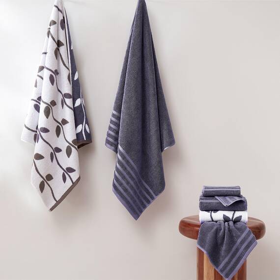 Amrapur Overseas Modern Threads Handtuch-Set, 6-teilig, gefärbt, Bio-Ranken, Jacquard/solide, ultraweich, 500 g/m², 100% gekämmte Baumwolle, Grau/Lavendel