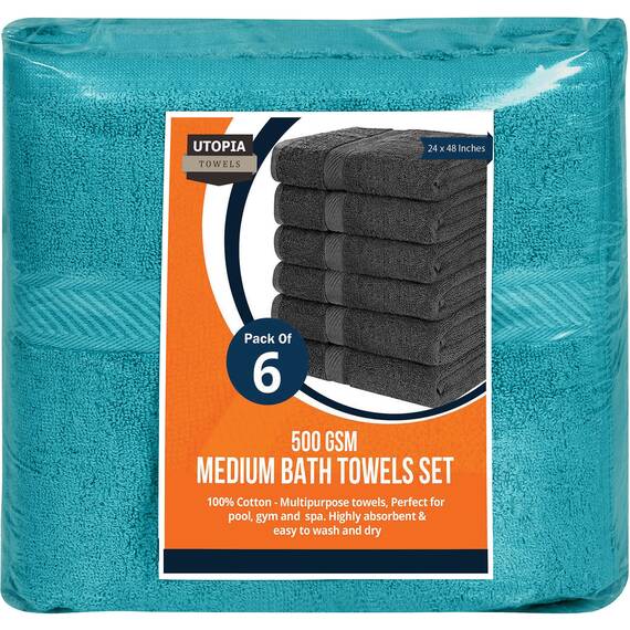 Utopia Towels - 6er-Pack mittelgroße Badetücher aus 100% Baumwolle mit Aufhängeschlaufen, 60x120 cm Duschtuch, weiche und saugfähige Handtücher (Türkis)