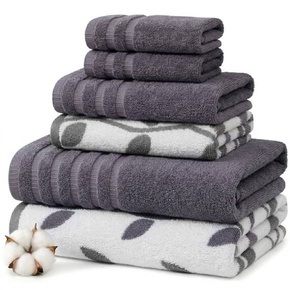 Amrapur Overseas Modern Threads Handtuch-Set, 6-teilig, gefärbt, Bio-Ranken, Jacquard/solide, ultraweich, 500 g/m², 100% gekämmte Baumwolle, Grau/Lavendel